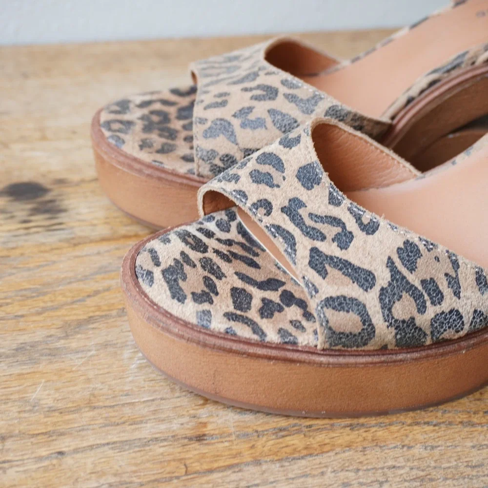 Lucky Brand Wynona Leopard Print Wedge Platform Sandals Tan Black 9.5M